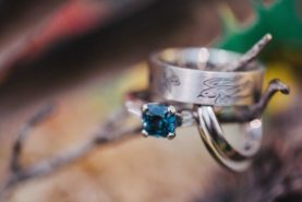 A wedding ring with a blue sapphire on a branch.