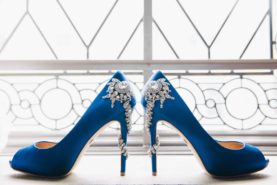 Blue wedding shoes with rhinestones and crystals.